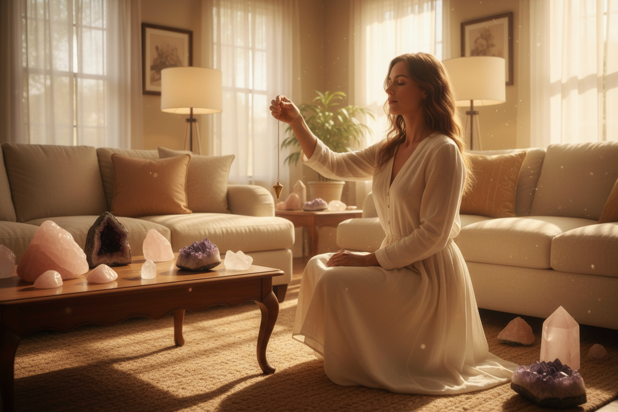Imagen de una persona con un péndulo o cristales, moviéndolos por una casa, rodeada de luz suave y colores cálidos.