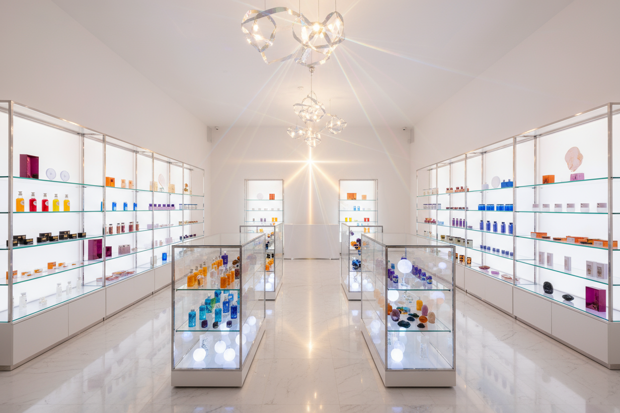 tienda limpia con una luz brillante y vibrante alrededor, simbolizando la renovación de energías positivas.